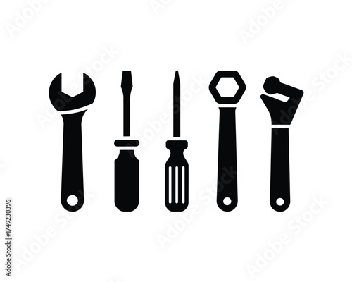 Collection of five black and white vector illustrations of tools including wrenches and screwdrivers scalable eps silhouette