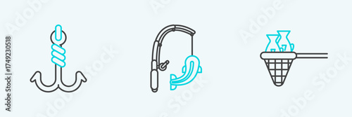 Set line Fishing net with fish, hook and rod and icon. Vector