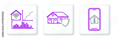 Set line Mobile phone with house temperature, Smart home wi-fi and House under protection icon. Vector