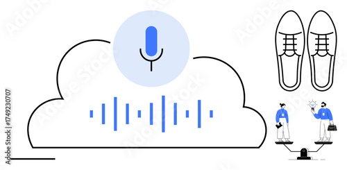 Cloud with microphone and sound waves, two figures discussing innovation, shoes symbolizing simplicity. Ideal for technology, AI, communication, innovation, networking, teamwork digital solutions