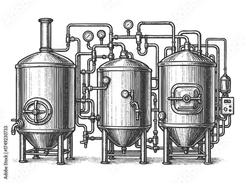 brewery tanks and pipes, depicting traditional beer brewing equipment with detailed industrial craftsmanship sketch engraving generative ai vector illustration. Scratch board. Black and white image.