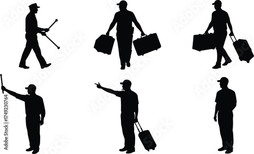 Traveler silhouette vector illustration set showing people with luggage, crutches, and directional gestures, mobility and journey concept artwork collection