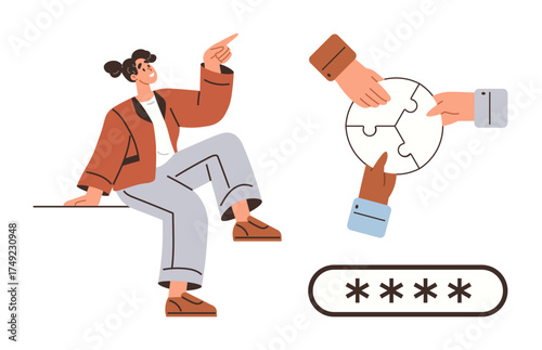 Woman gesturing thoughtfully, hands assembling puzzle pieces, secured password input below. Ideal for teamwork, problem-solving, creativity, collaboration, security brainstorming innovation. Simple