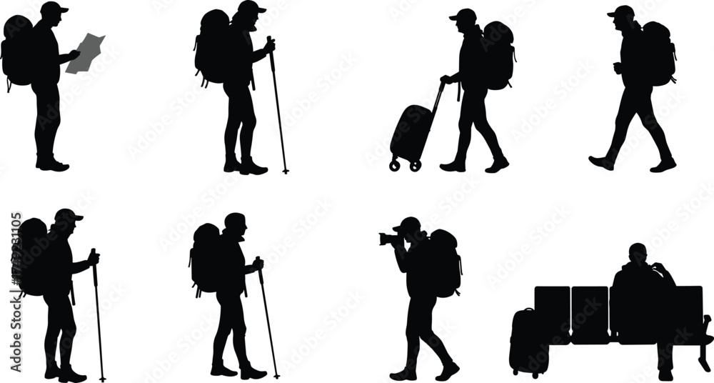Obraz premium Traveler silhouettes with backpack, hiking poles, suitcase, map reading, photography, walking, and sitting poses for tourism and adventure illustration vector