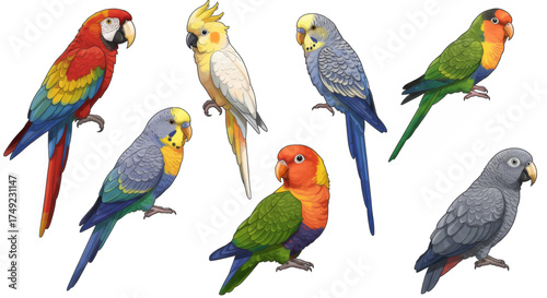 Collection of colorful and diverse parrots and parakeets in a variety of poses and colors