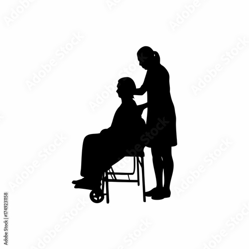Silhouette of caregiver checking patient s pulse during therapy session isolated on white background