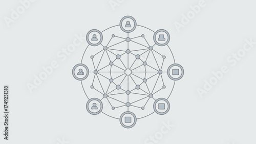 A network of connected nodes and icons representing people and data points in a circular formation
