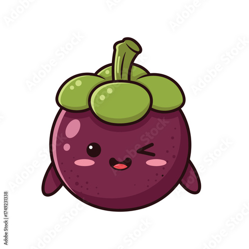 A cute kawaii mangosteen character winking and smiling happily.