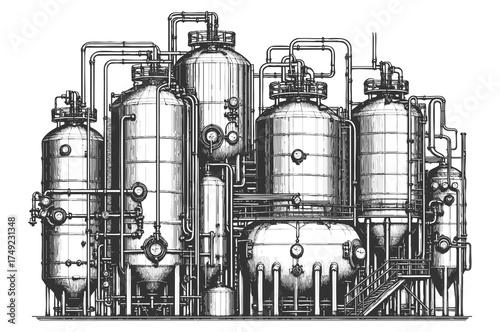 industrial distillation plant with tanks, pipes, and gauges, depicting a complex chemical or brewing process sketch engraving generative ai vector illustration. Scratch board. Black and white image.