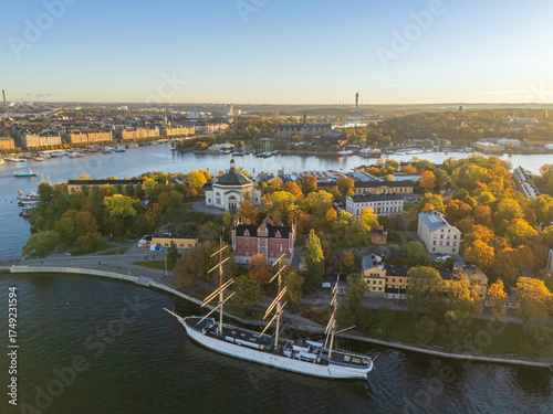 Photography Skeppsholmen and Östermalm with Strandvägen in the background in autumn, morning
