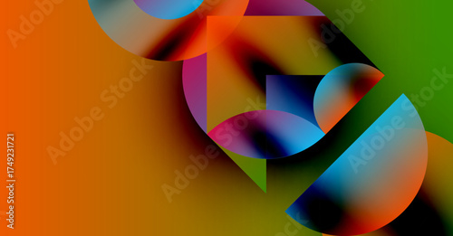 Abstract composition featuring vibrant overlapping shapes. Colors blend, creating dynamic visual experience. Modern design, bold hues dominate.
