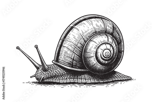 Garden Snail Crawling engraving vector illustration