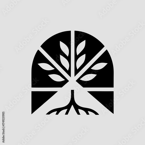 Tree with roots silhouette growth foundation minimal nature concept clean vector with white background