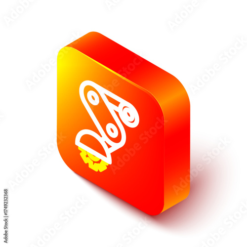 Isometric line Derailleur bicycle rear speed folding icon isolated on white background. Orange square button. Vector