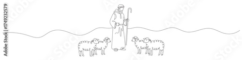 Merry Christmas, shepherd and sheep. Continuous one line drawing. Editable line. Vector illustration on a transparent background