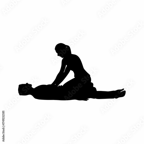 Silhouette of caregiver giving back massage to patient isolated on white background