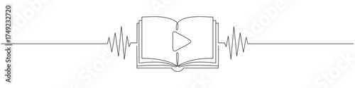 Continuous single-line drawing of an audiobook concept. An open book and a soundboard with a voice wave in a simple line style. Editable stroke. Vector illustration on a transparent background