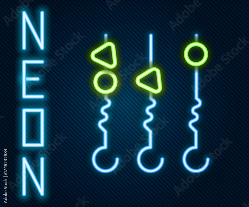 Glowing neon line Grilled shish kebab on skewer stick icon isolated on black background. Meat kebab on skewer stick. Picnic with grilled meat. Colorful outline concept. Vector