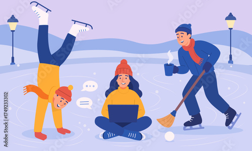 Vector illustration of cheerful people on an outdoor ice rink in winter. Friends skating, chatting, drinking hot beverages and enjoying cold season together in cozy atmosphere.