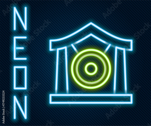 Glowing neon line Gong musical percussion instrument circular metal disc icon isolated on black background. Colorful outline concept. Vector