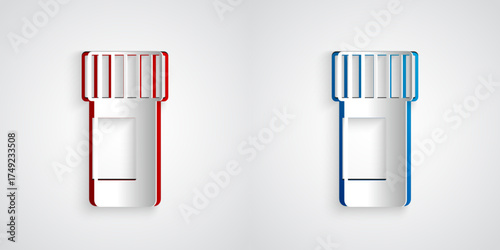 Paper cut Medicine bottle and pills icon isolated on grey background. Bottle pill sign. Pharmacy design. Paper art style. Vector