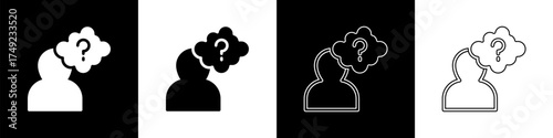 Set Human head with question mark icon isolated on black and white background. Vector
