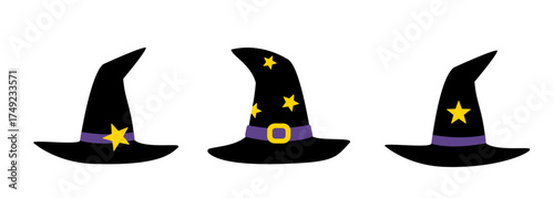 Set of Halloween witch hat decorated with stars flat vector illustration.
Witch hat element clipart design.
White background.