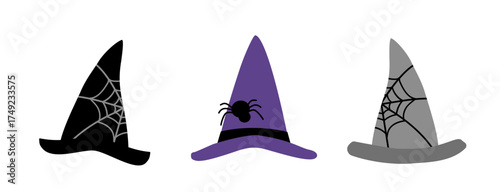 Set of Halloween witch hats decorated with spiderweb and spider flat vector illustration.
Witch hat element clipart design.
White background.
