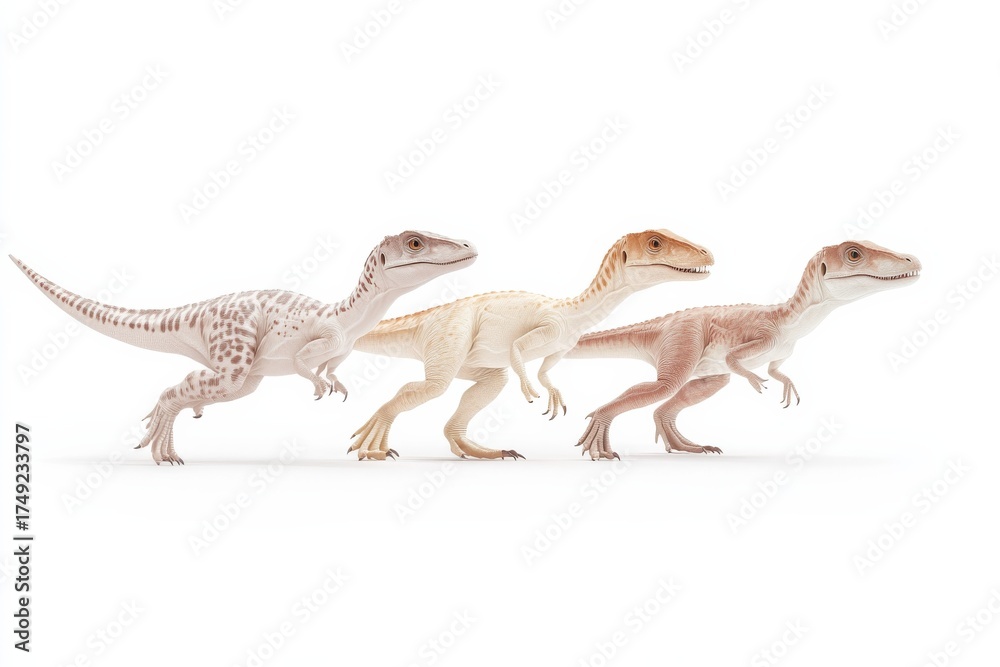 Fototapeta premium Realistic dinosaur models lineup showcasing detailed features and textures