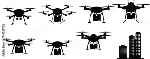Urban drone delivery service concept with multiple quadcopters carrying packages above modern city buildings, futuristic logistics and transportation illustration vector