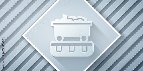 Paper cut Coal train wagon icon isolated on grey background. Rail transportation. Paper art style. Vector
