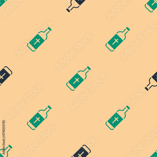 Green and black Holy water bottle icon isolated seamless pattern on beige background. Glass flask with magic liquid. Vector