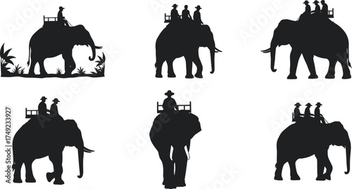 "Elephant ride silhouettes with people, safari tourism vector illustration, cultural wildlife transport design, black animal shapes for stock artwork"