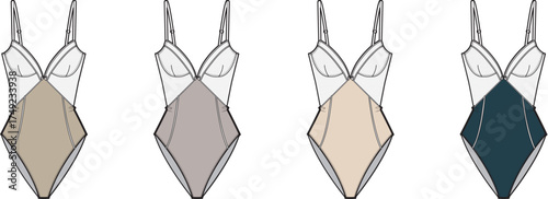 Swimsuit Lineup Body Suits in Beige and Blue Flat Vector