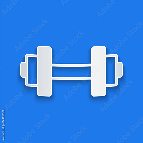 Paper cut Dumbbell icon isolated on blue background. Muscle lifting, fitness barbell, sports equipment. Paper art style. Vector