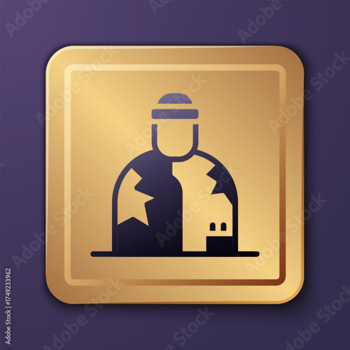 Purple Homeless icon isolated on purple background. Homelessness problem. Gold square button. Vector