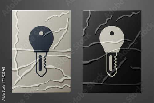 White Hotel door lock key icon isolated on crumpled paper background. Paper art style. Vector