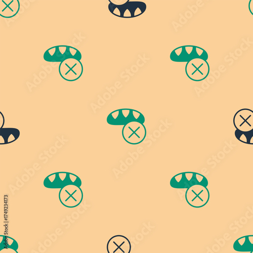 Green and black Donation food icon isolated seamless pattern on beige background. Vector