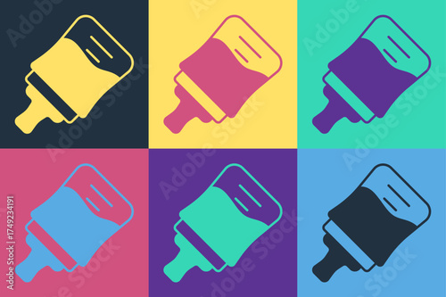 Pop art Baby bottle icon isolated on color background. Feeding bottle icon. Milk bottle sign. Vector
