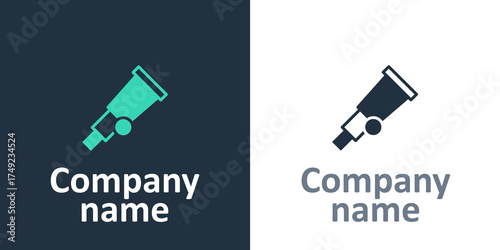 Logotype Telescope icon isolated on white background. Scientific tool. Education and astronomy element, spyglass and study stars. Logo design template element. Vector