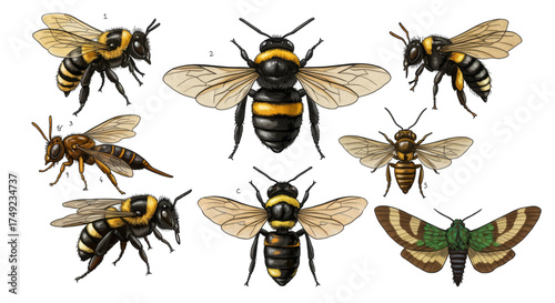 An illustration showcasing various types of bees, including bumblebees and honeybees, highlighting their distinct features and patterns