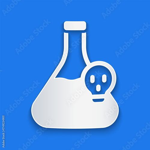 Paper cut Laboratory chemical beaker with toxic liquid icon isolated on blue background. Biohazard symbol. Dangerous symbol with radiation icon. Paper art style. Vector