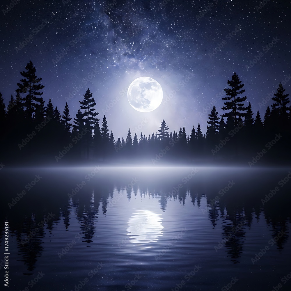 Fototapeta premium Moonlit Serenity - A Tranquil Nightscape Reflection on Still Waters.