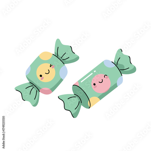 Two cute wrapped candies with happy faces and colorful polka dots.