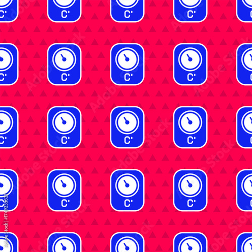 Blue Sauna thermometer icon isolated seamless pattern on red background. Sauna and bath equipment. Vector