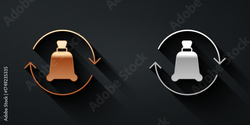 Gold and silver Garbage bag with recycle symbol icon isolated on black background. Trash can icon. Recycle basket sign. Long shadow style. Vector