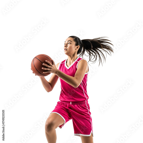 Dynamic young female basketball player in a bright pink uniform, poised with the ball, demonstrating strength and agility in a focused studio shot against a clean white background, sport action