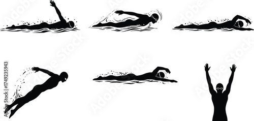 Vector silhouettes of competitive swimmers performing freestyle, backstroke, breaststroke, diving, and celebration poses for sports, fitness, and training illustrations”