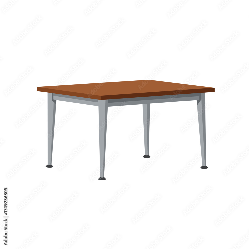 Fototapeta premium A simple brown wooden table with four metal legs and a white background.