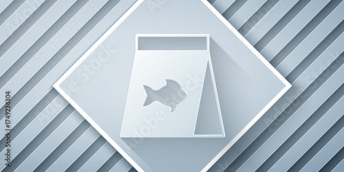 Paper cut Food for fish icon isolated on grey background. Paper art style. Vector